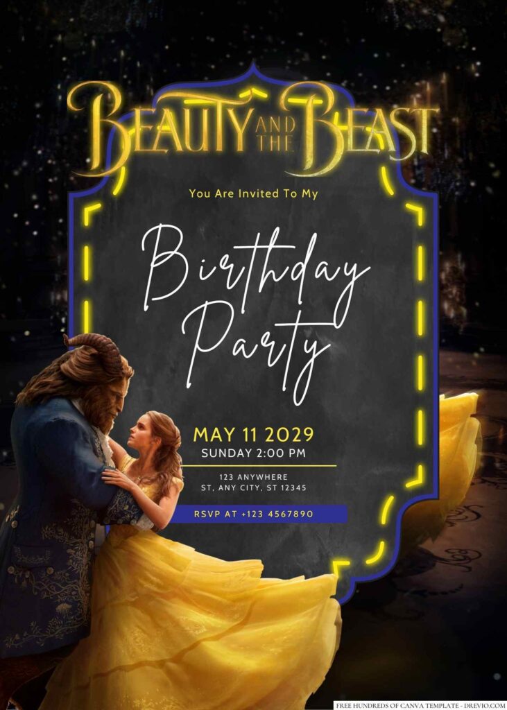 Free Editable Beauty and the Beast Birthday Invitation