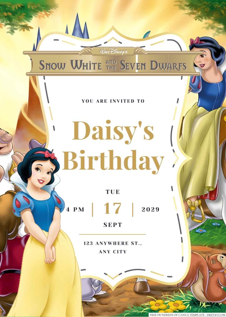 Free Editable Snow White and the Seven Dwarfs Birthday Invitation