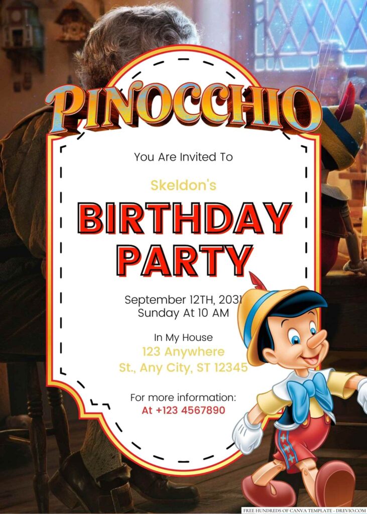 Free Editable Pinocchio Birthday Invitation