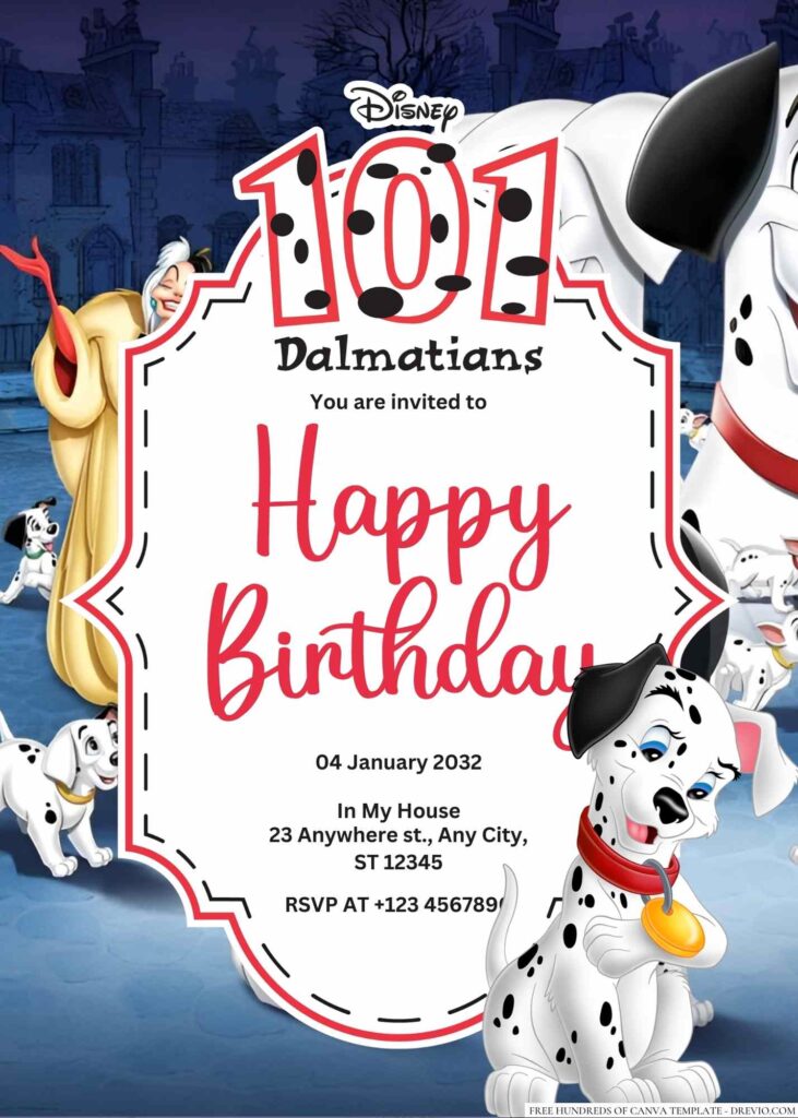 Free Editable One Hundred and One Dalmatians Birthday Invitation