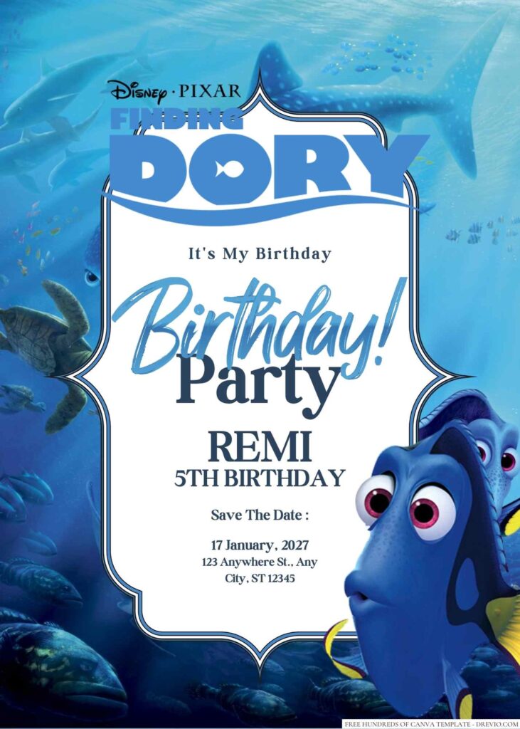 Free Editable Finding Dory Birthday Invitation