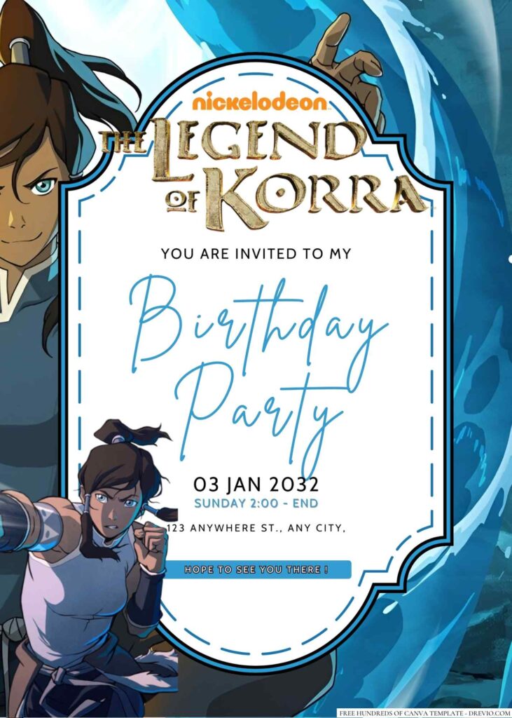 Free Editable Korra (Avatar The Legend of Korra) Birthday Invitation