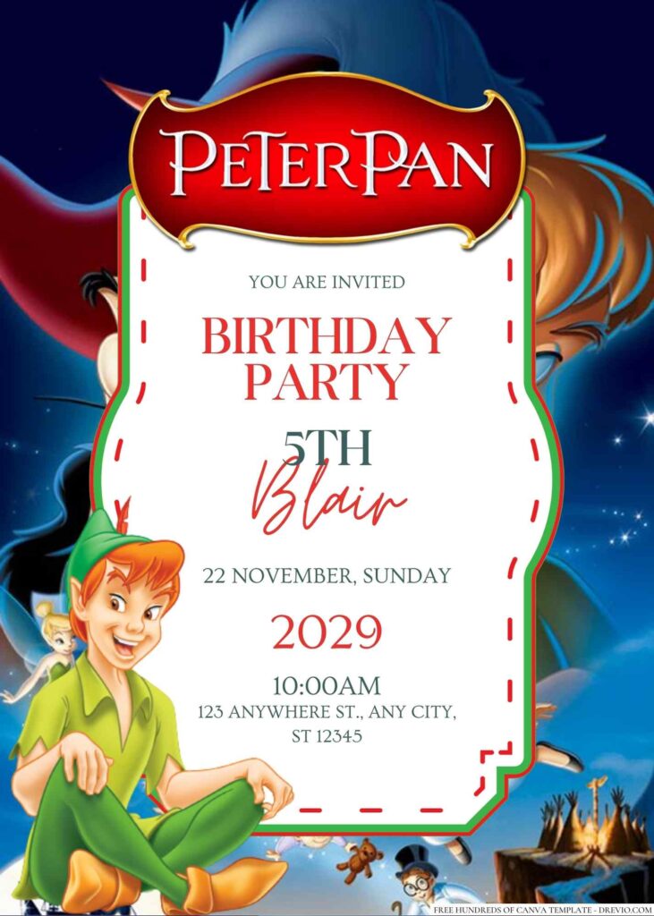 Free Editable Peter Pan Birthday invitation
