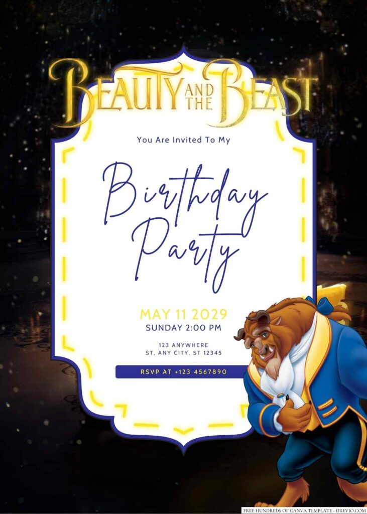 Free Editable Beauty and the Beast Birthday Invitation