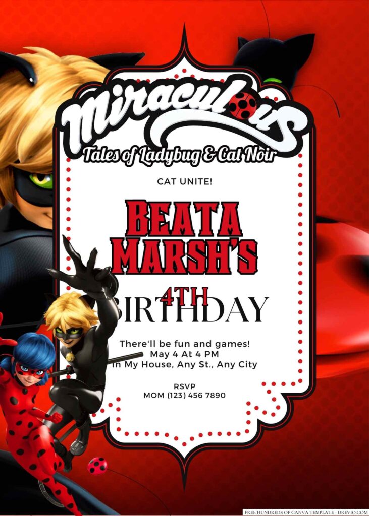 Free Editable Miraculous Ladybug and Cat Noir Birthday Invitation