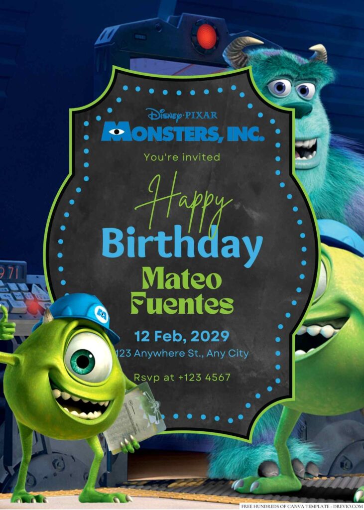 Free Editable Mike Wazowski from Monsters Inc. Birthday Invitation