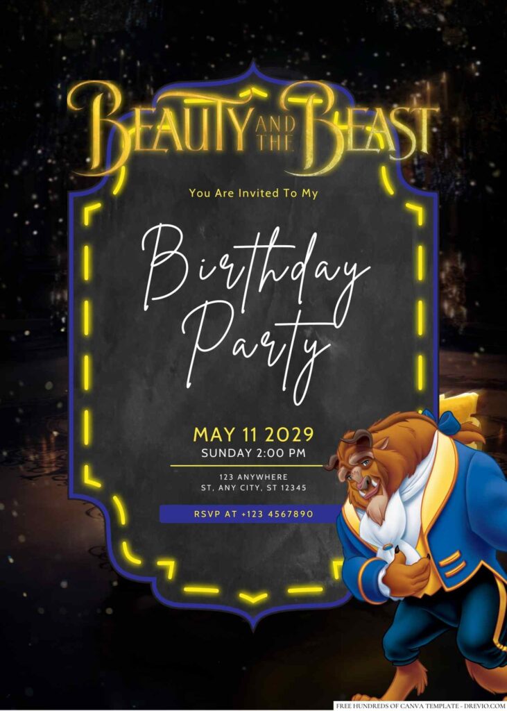 Free Editable Beauty and the Beast Birthday Invitation