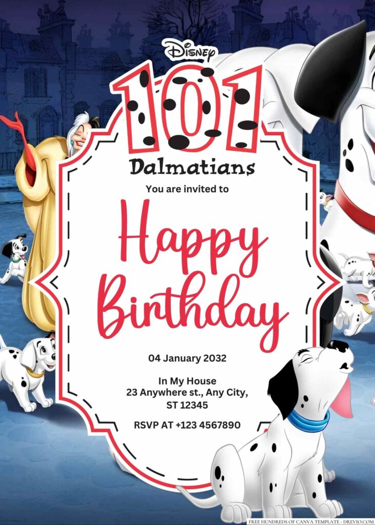 Free Editable One Hundred and One Dalmatians Birthday Invitation