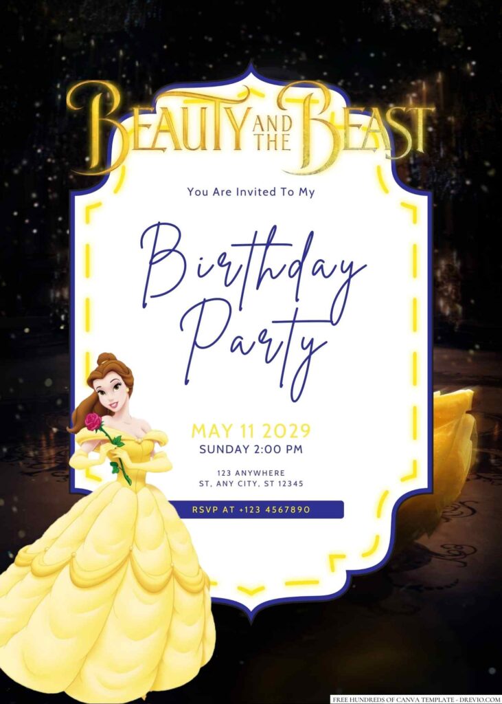 Free Editable Beauty and the Beast Birthday Invitation