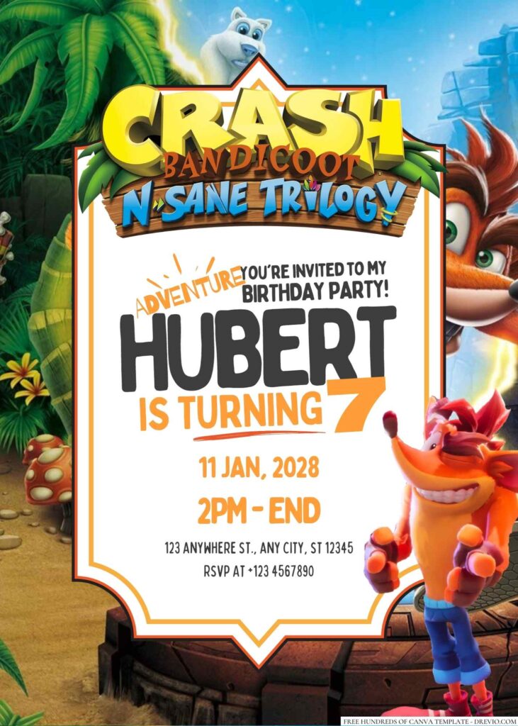 Free Editable Crash Bandicoot Birthday Invitation