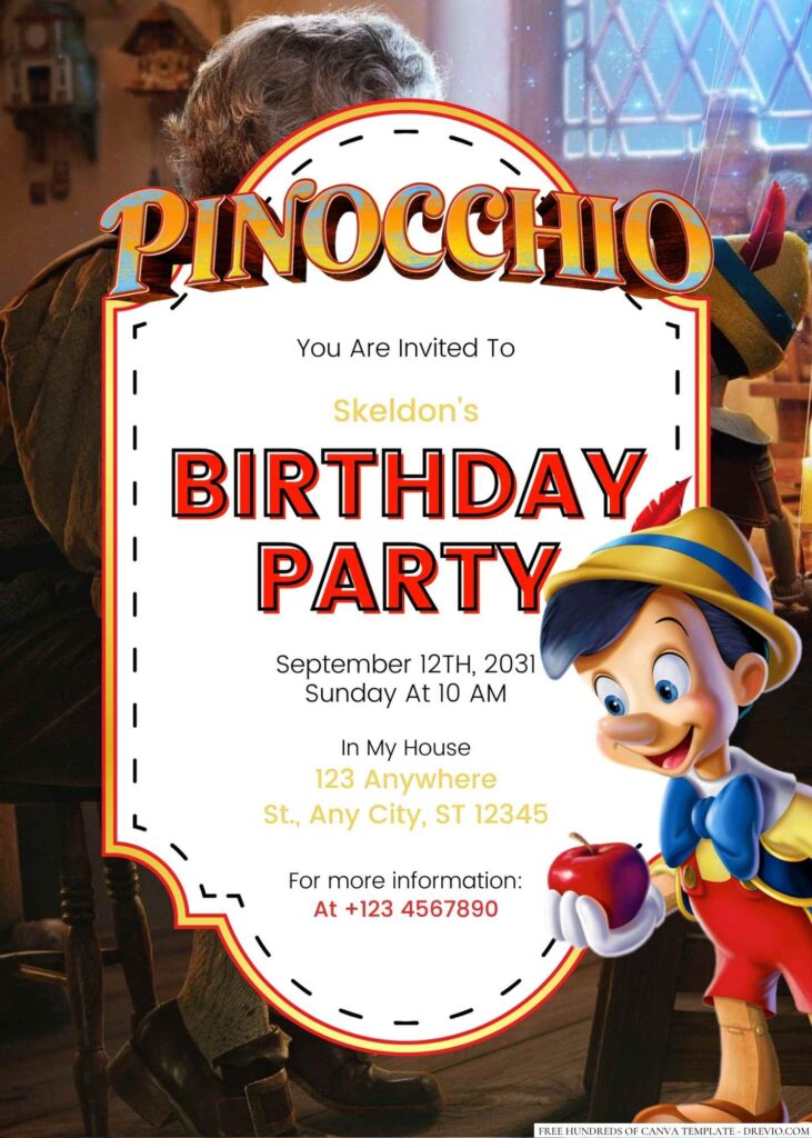 Free Editable Pinocchio Birthday Invitation