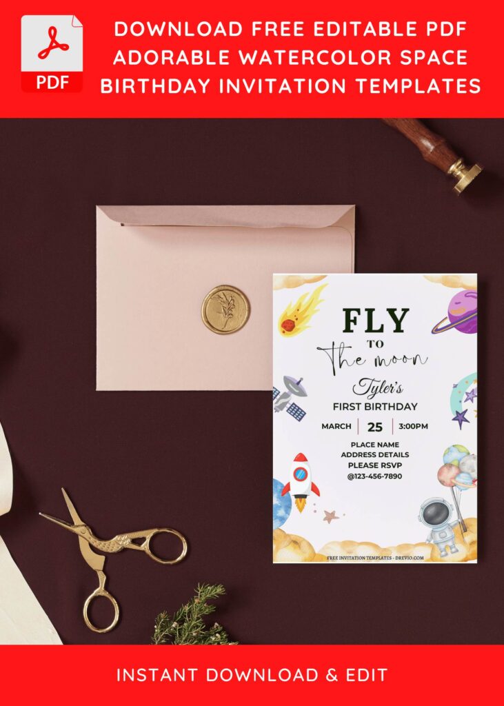 (Free Editable PDF) Fly To The Moon Space Theme Birthday Invitation Templates I