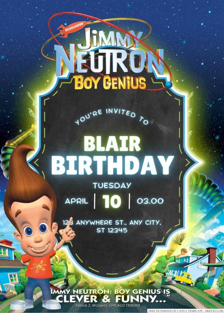 Free Editable Jimmy Neutron Boy Genius Birthday Invitation