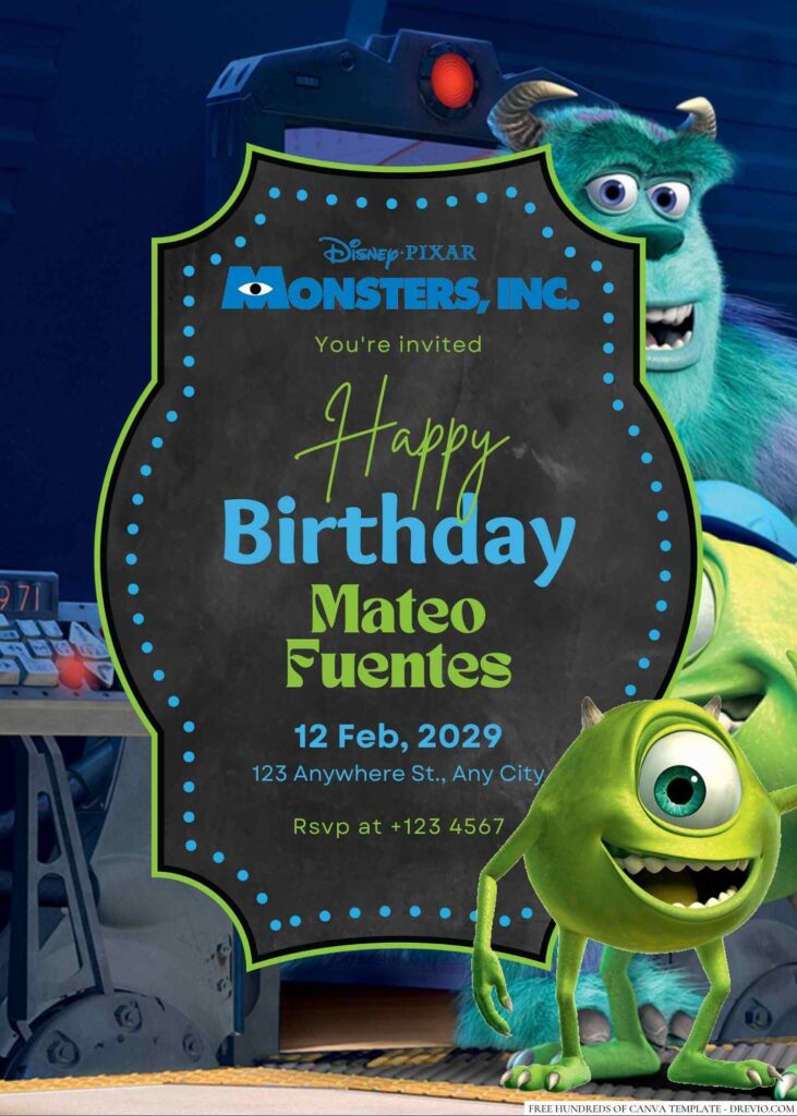 Free Editable Mike Wazowski from Monsters Inc. Birthday Invitation