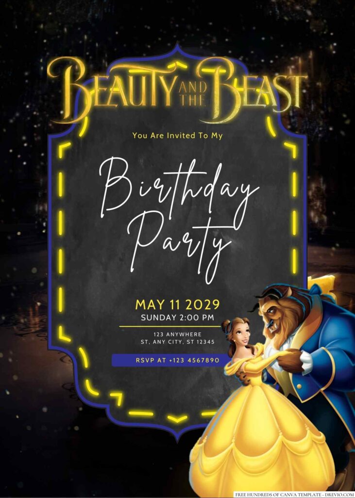 Free Editable Beauty and the Beast Birthday Invitation