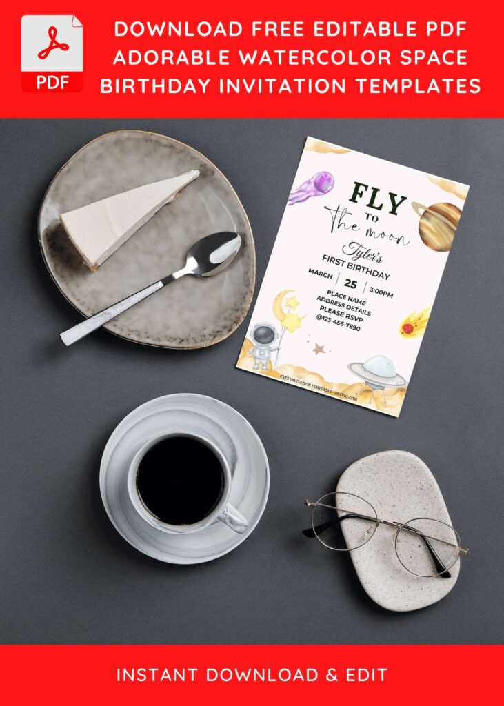 (Free Editable PDF) Fly To The Moon Space Theme Birthday Invitation Templates G