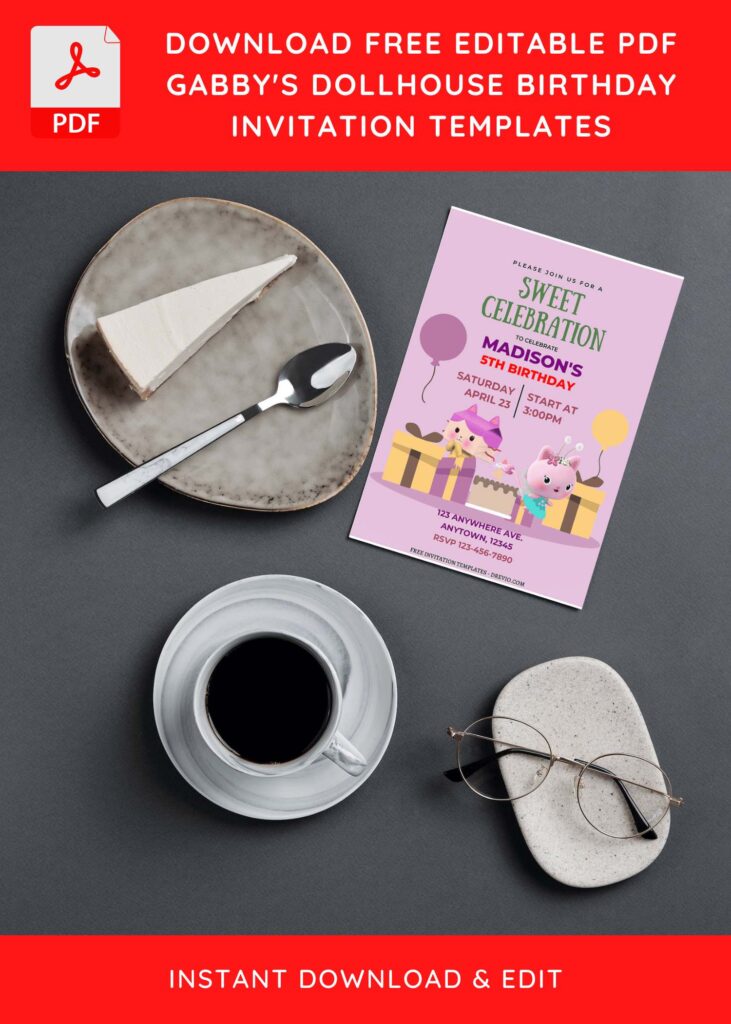 (Free Editable PDF Cute And Special Gabby's Dollhouse Birthday Invitation Templates G