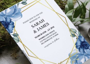 (Free Editable PDF) Geometric Powder Blue Flower Wedding Invitation Templates