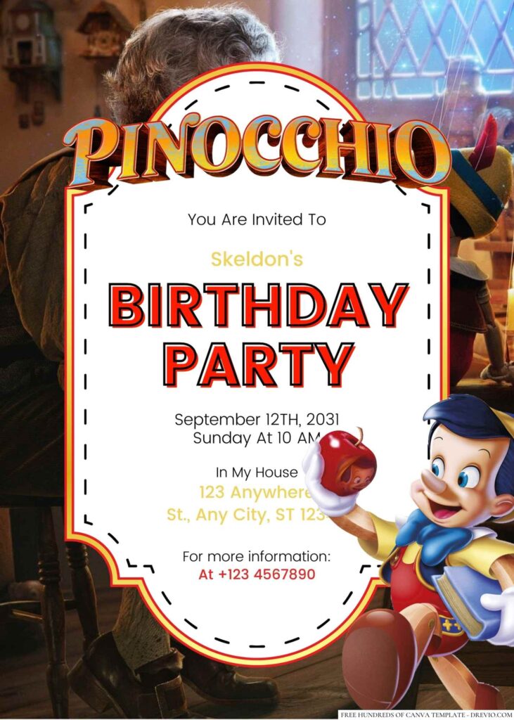 Free Editable Pinocchio Birthday Invitation