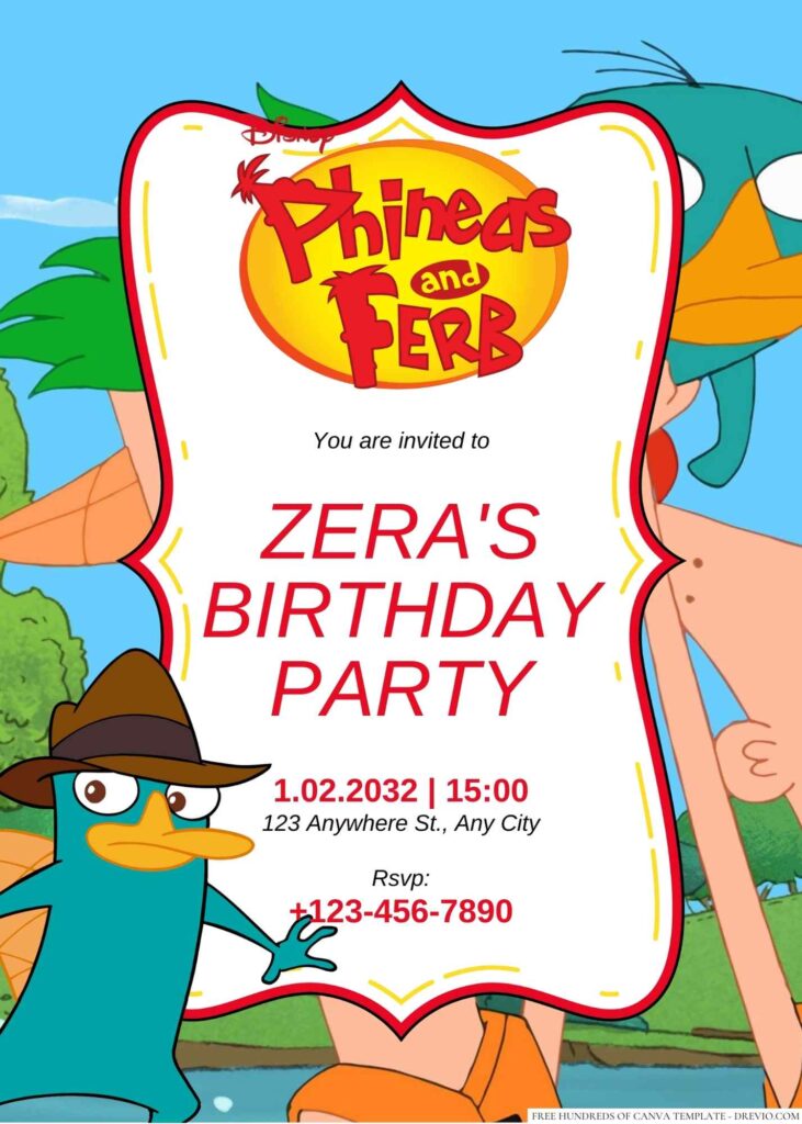 Free Editable Phineas and Ferb Birthday Invitation