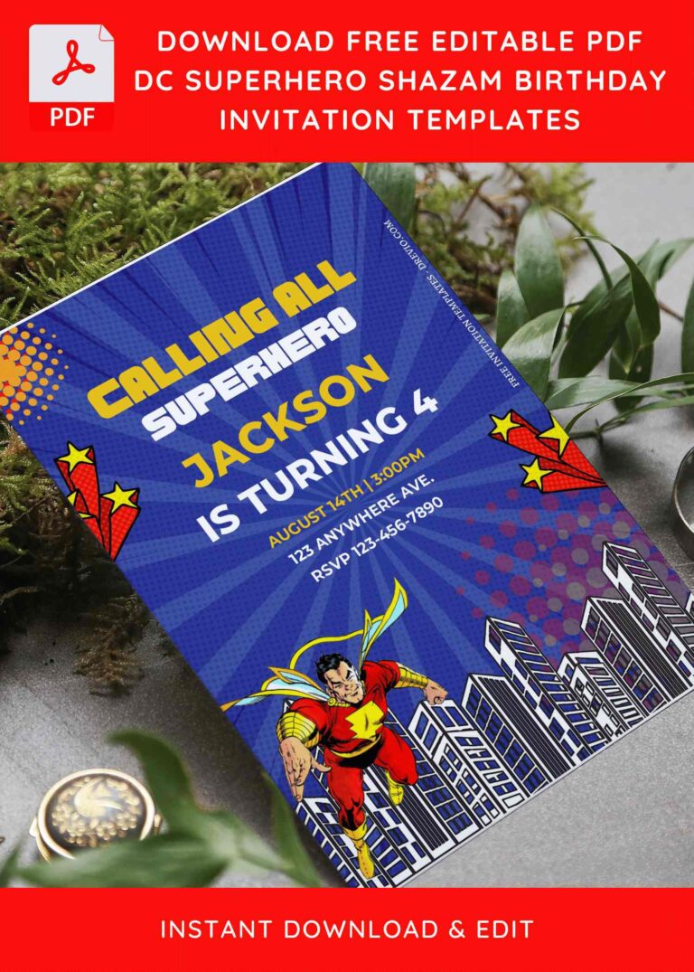 (Free Editable PDF) DC Superhero Shazam Birthday Invitation Templates