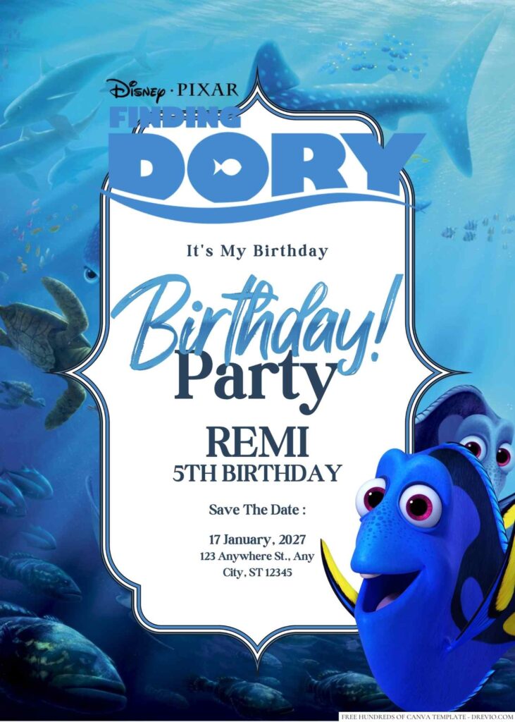 Free Editable Finding Dory Birthday Invitation