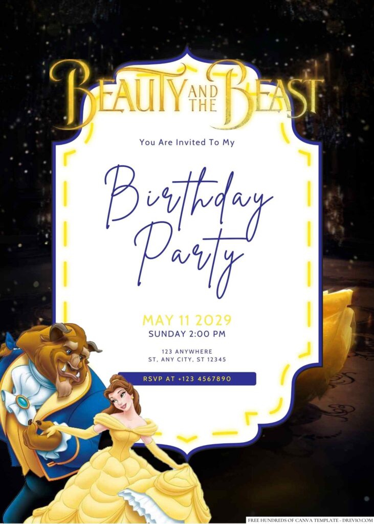 Free Editable Beauty and the Beast Birthday Invitation