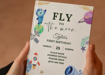 (Free Editable PDF) Fly To The Moon Space Theme Birthday Invitation Templates E