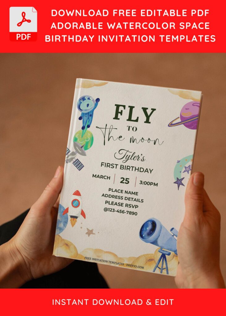 (Free Editable PDF) Fly To The Moon Space Theme Birthday Invitation Templates E
