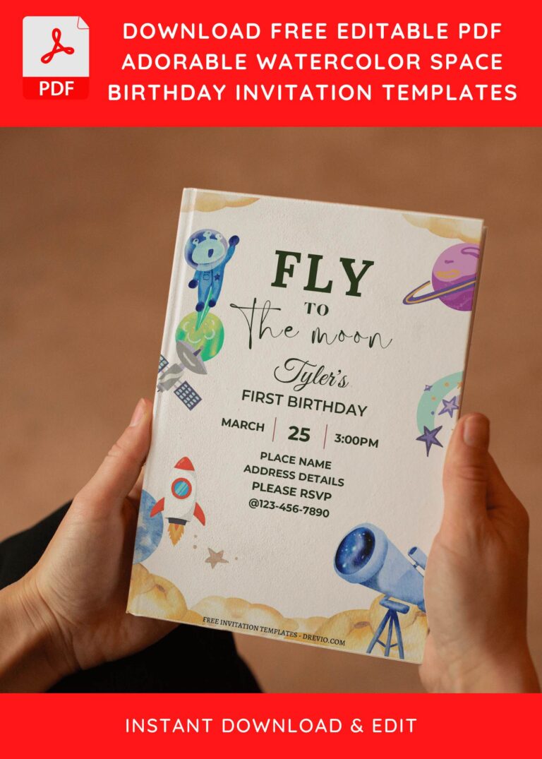 (Free Editable PDF) Fly To The Moon Space Theme Birthday Invitation Templates E