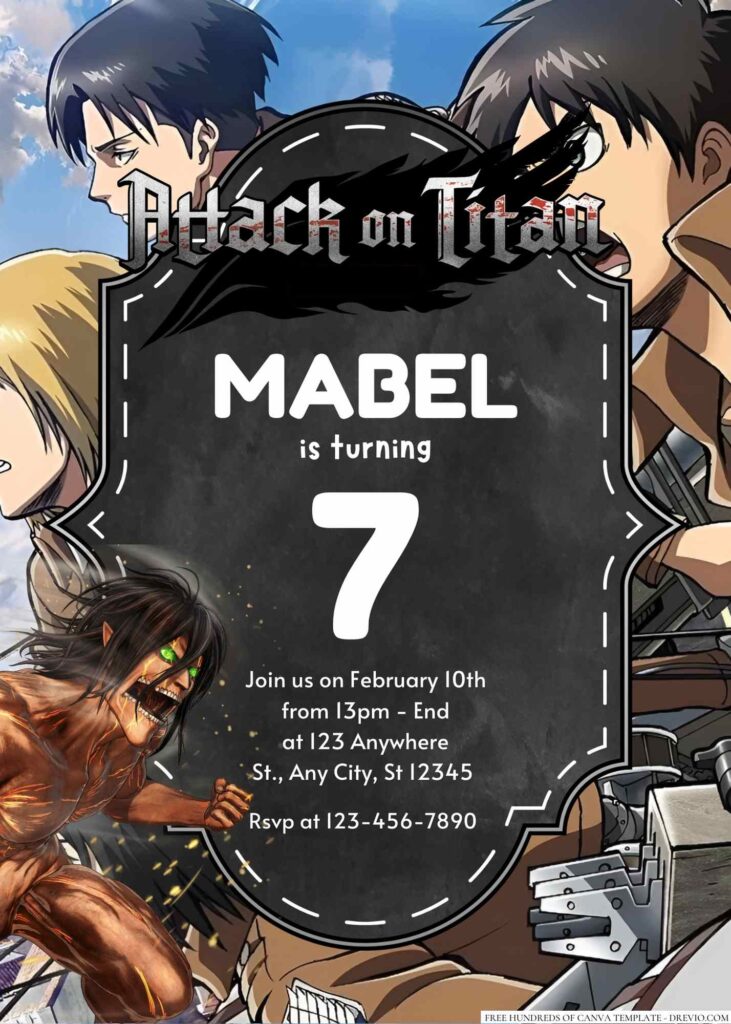 Free Editable Attack on Titan Birthday Invitation 