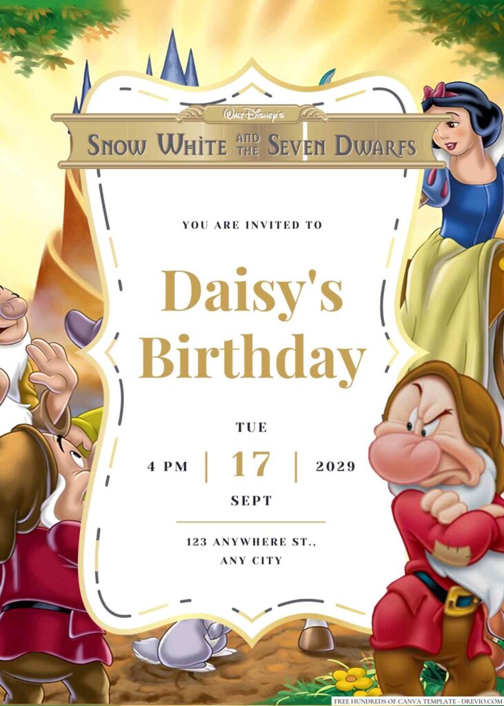 Free Editable Snow White and the Seven Dwarfs Birthday Invitation