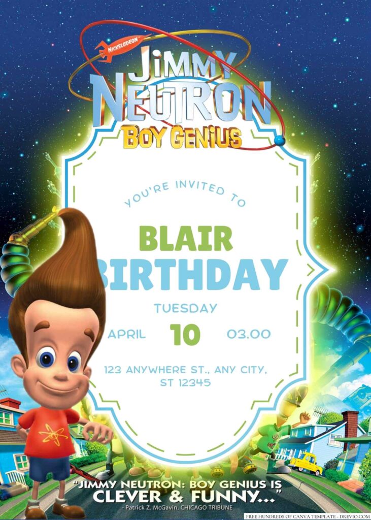 Free Editable Jimmy Neutron Boy Genius Birthday Invitation