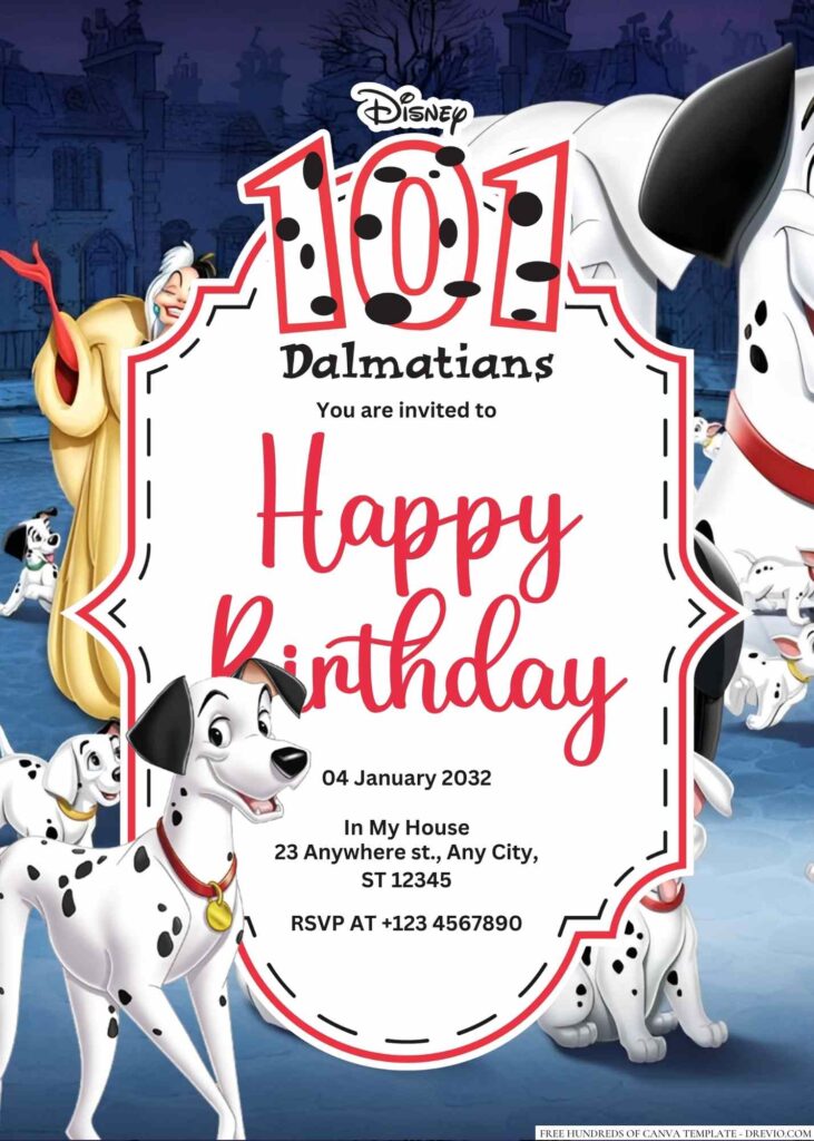 Free Editable One Hundred and One Dalmatians Birthday Invitation
