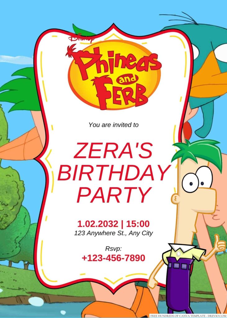 Free Editable Phineas and Ferb Birthday Invitation