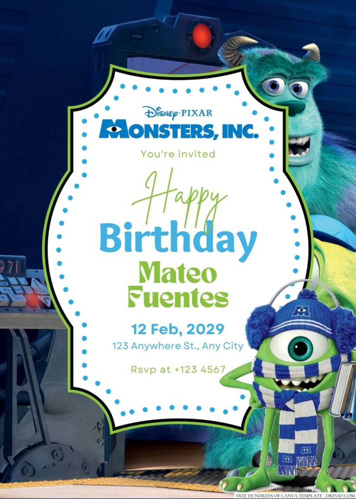 Free Editable Mike Wazowski from Monsters Inc. Birthday Invitation