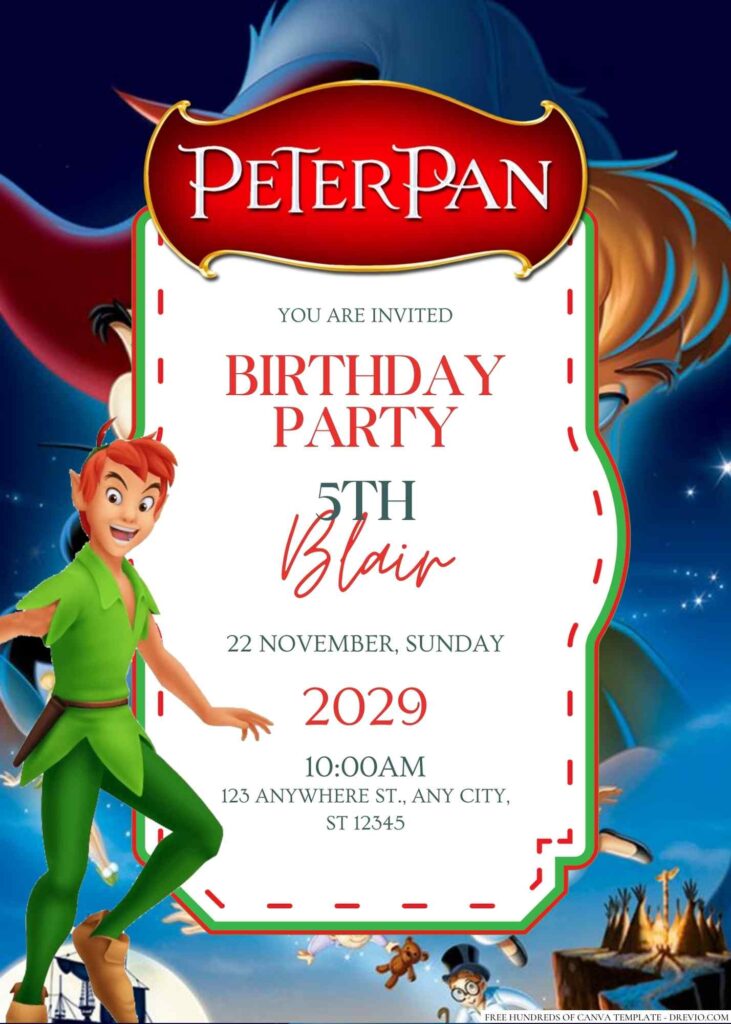 Free Editable Peter Pan Birthday invitation