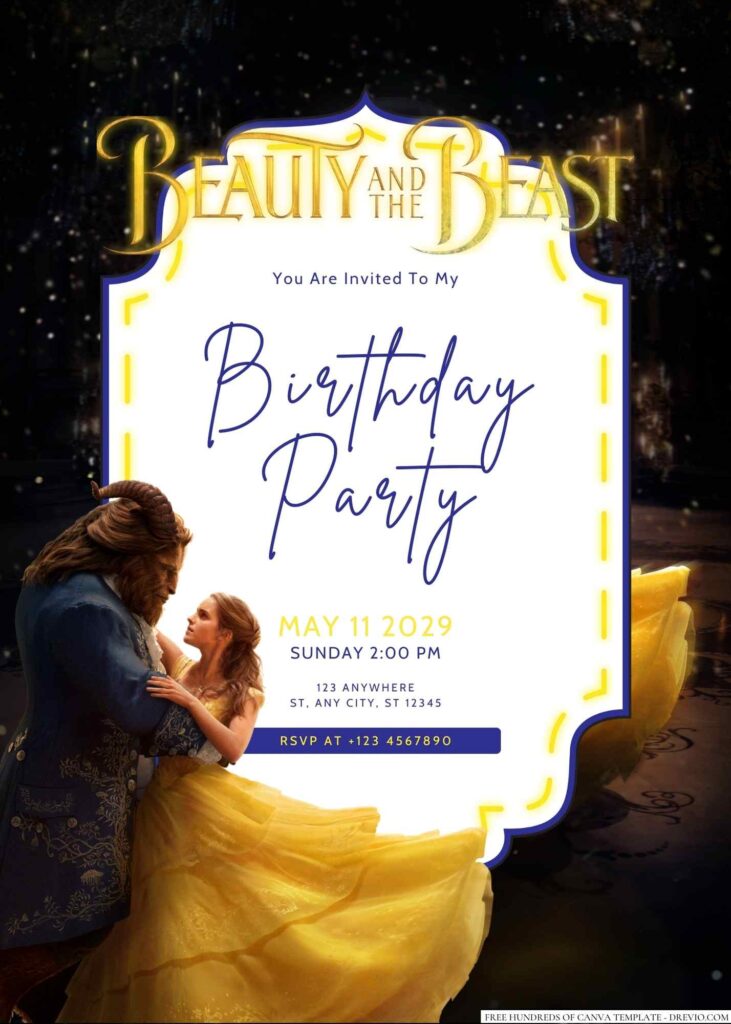 Free Editable Beauty and the Beast Birthday Invitation