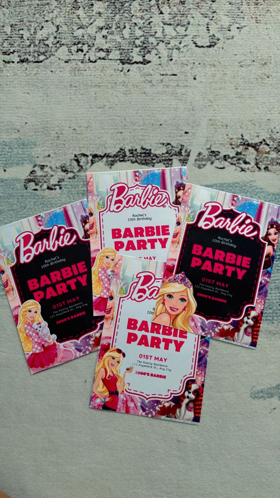 Barbie birthday invitation with bubblegum pink palette, tiny heel icons, hearts, and sparkly star accents scattered cleanly