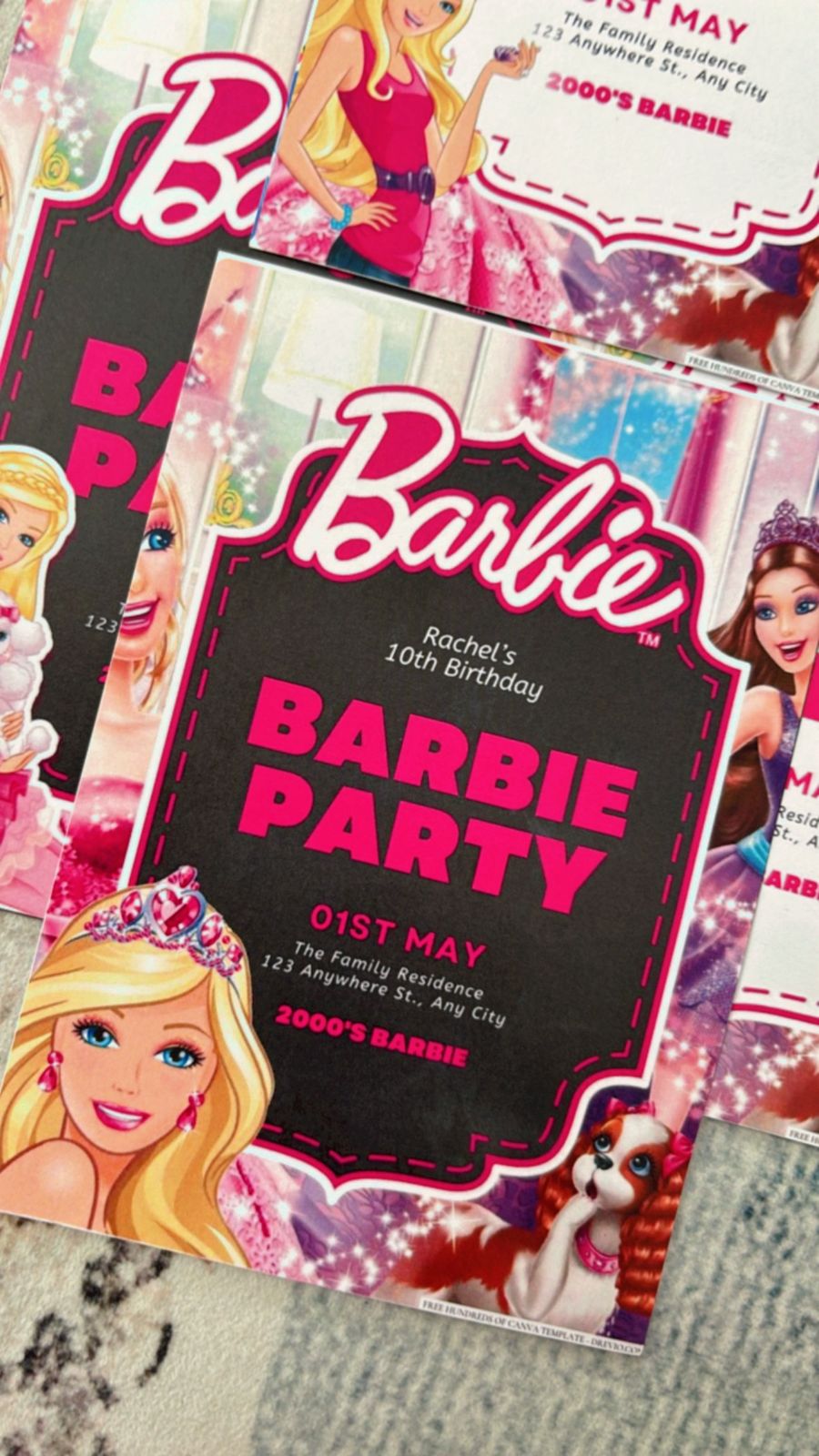 Soft pink Barbie invite layout with minimal design, clean typography, and subtle glitter elements around text