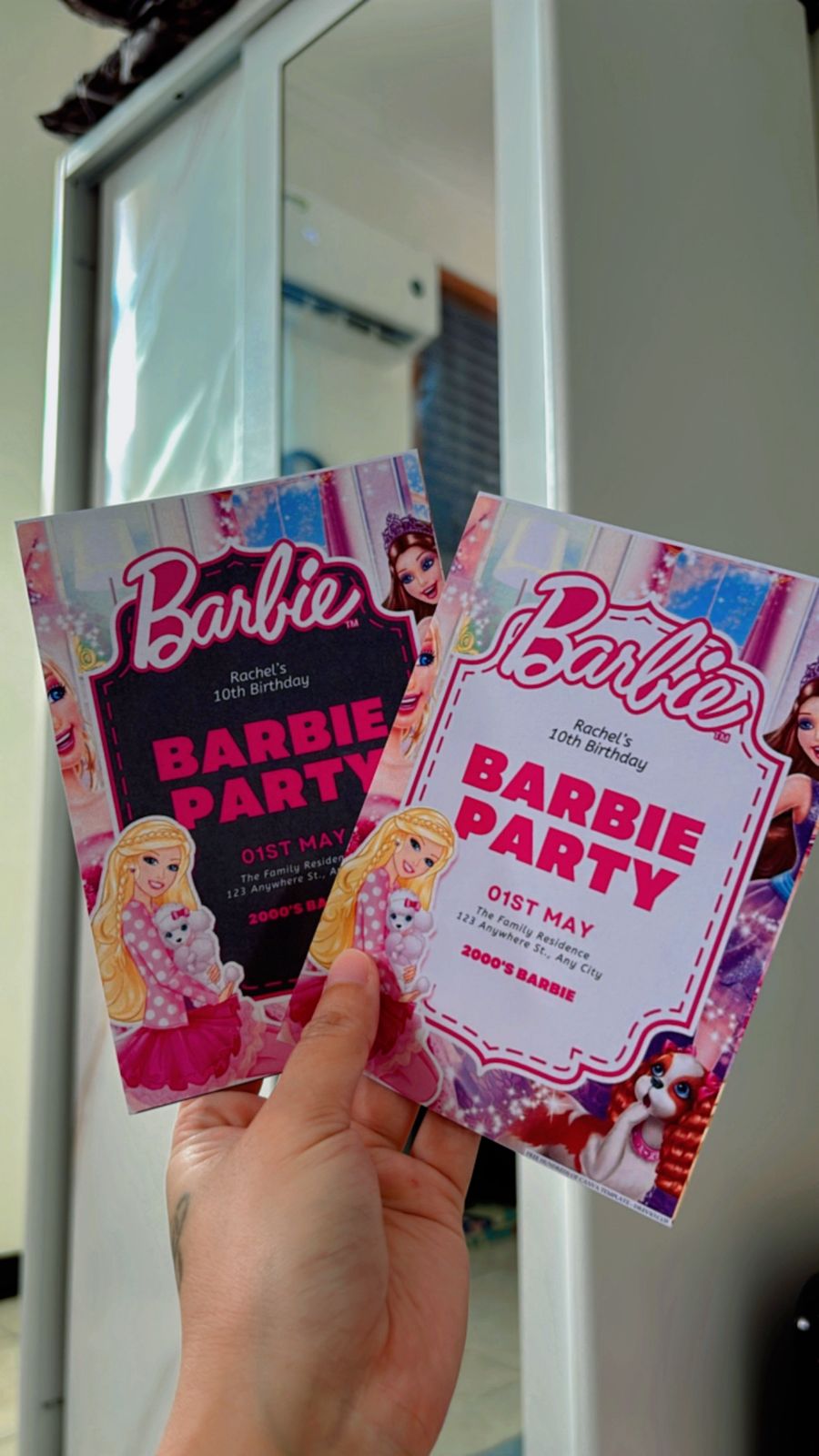 Retro Barbie invitation design with vintage color palette, bold pink borders, and classic Barbie silhouette details