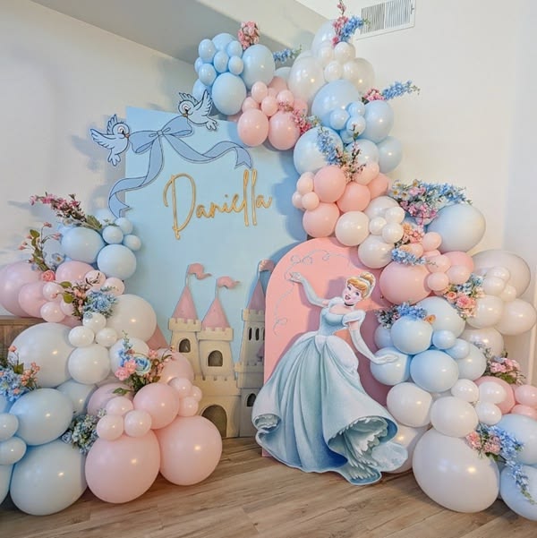 Royal Cinderella Canva invitation decorated with bluebirds, ribbons, and enchanted castle