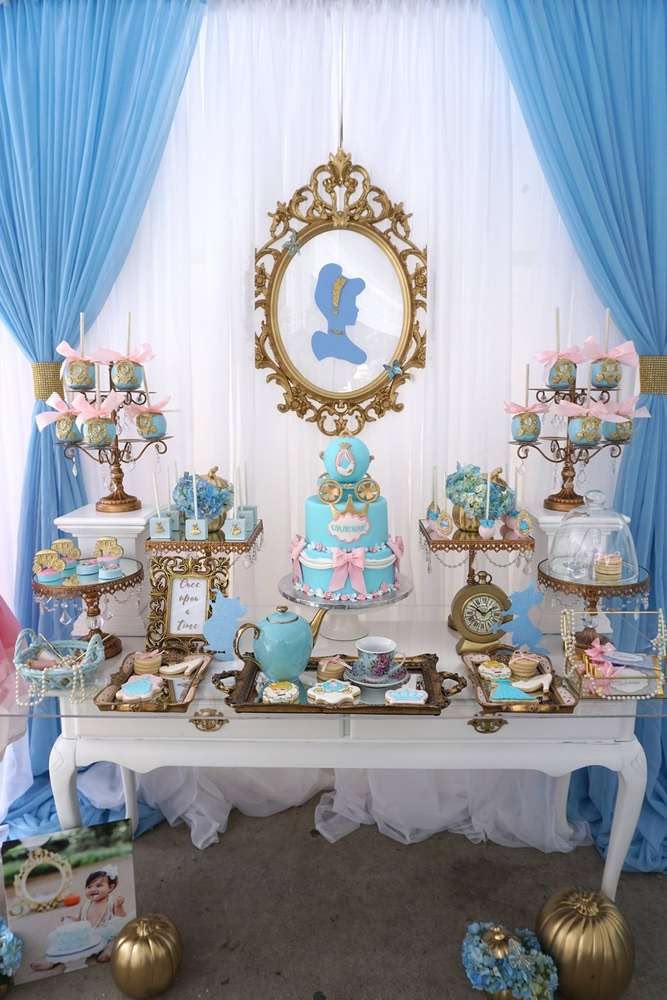 Elegant Cinderella invitation with watercolor castle, glass slipper, and soft blue royal theme