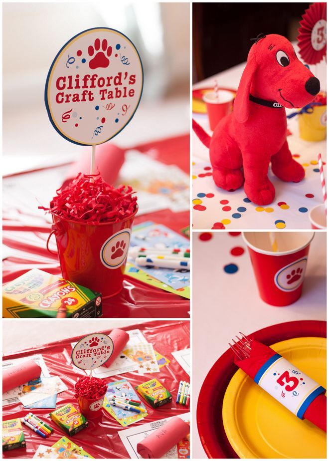 Free Clifford invitations decorated with cartoon dog illustrations, red balloons, confetti, and editable birthday text