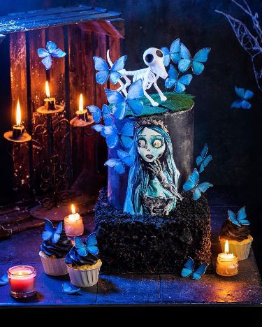 Gothic Corpse Bride invitation template with enchanted woodland, candles, blue florals, and ornate frame