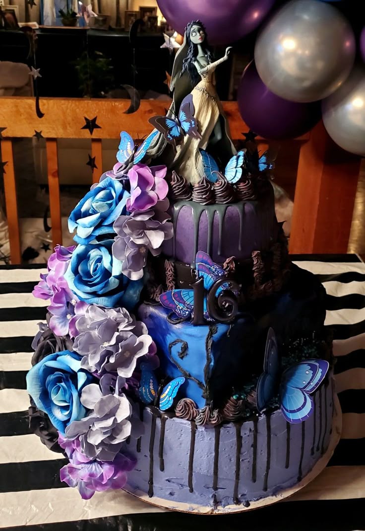 Editable Corpse Bride Invitation featuring Emily-inspired blue florals, butterflies, and vintage silver border