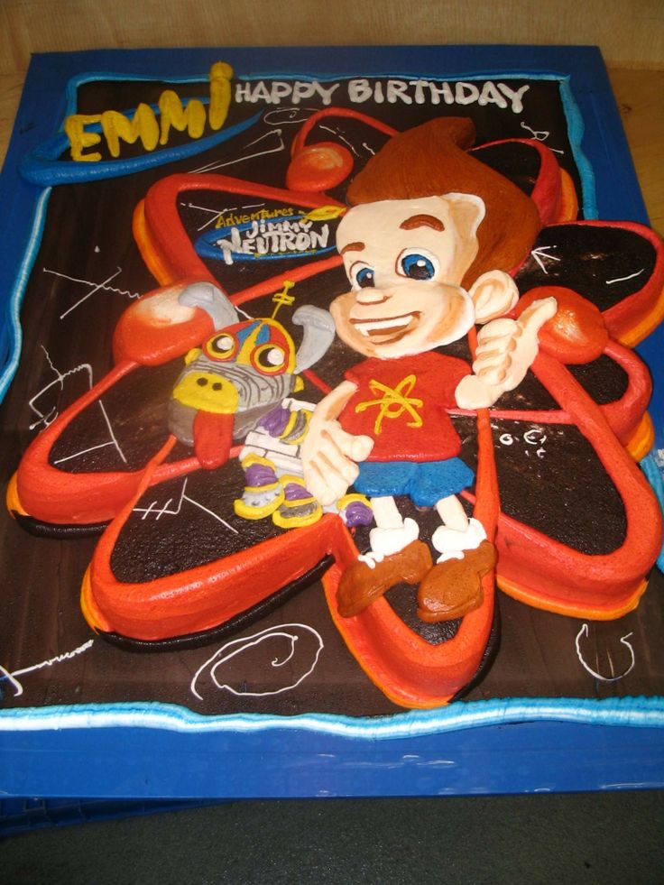 Jimmy Neutron Boy Genius invitation with blue science lab background, atom icons, rockets, gears, and colorful cartoon graphics