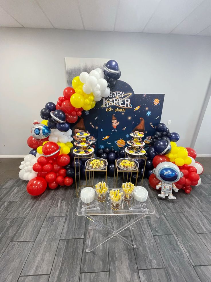 Jimmy Neutron Boy Genius birthday invite design with cartoon laboratory, beakers, atoms, planets, and bold comic-style typography