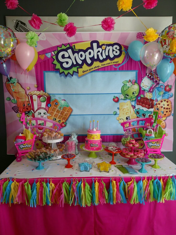 Cute Shopkins Invitation template featuring smiling food characters, shopping baskets, and bright pastel colors