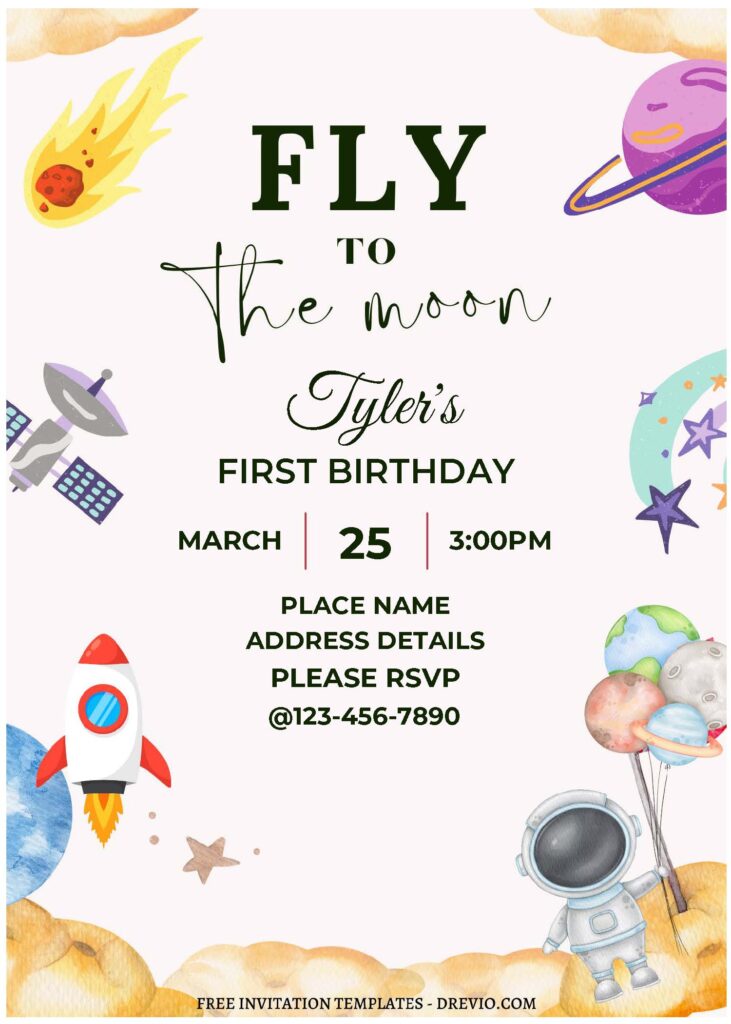 (Free Editable PDF) Fly To The Moon Space Theme Birthday Invitation Templates C